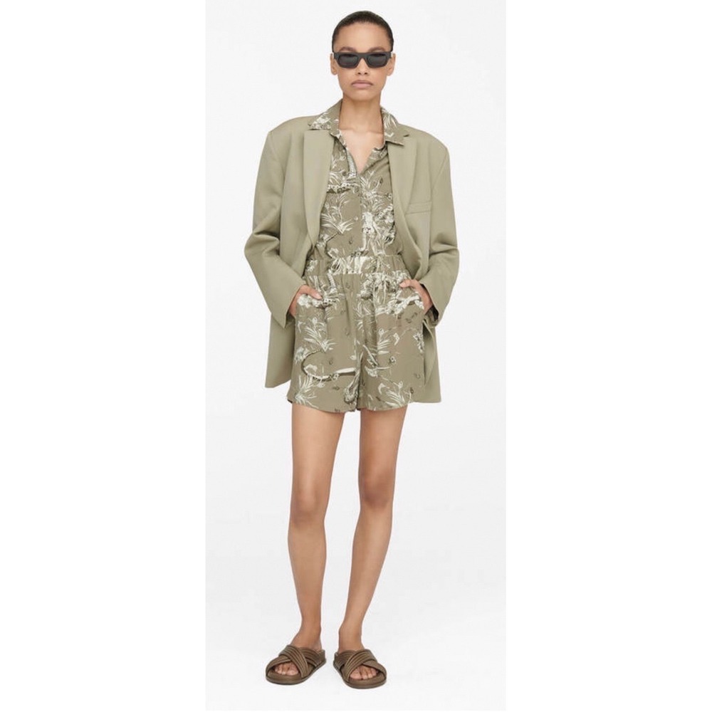 Anine Bing Alix Shorts Olive Green Botanical Snake Print Elastic Waist XS